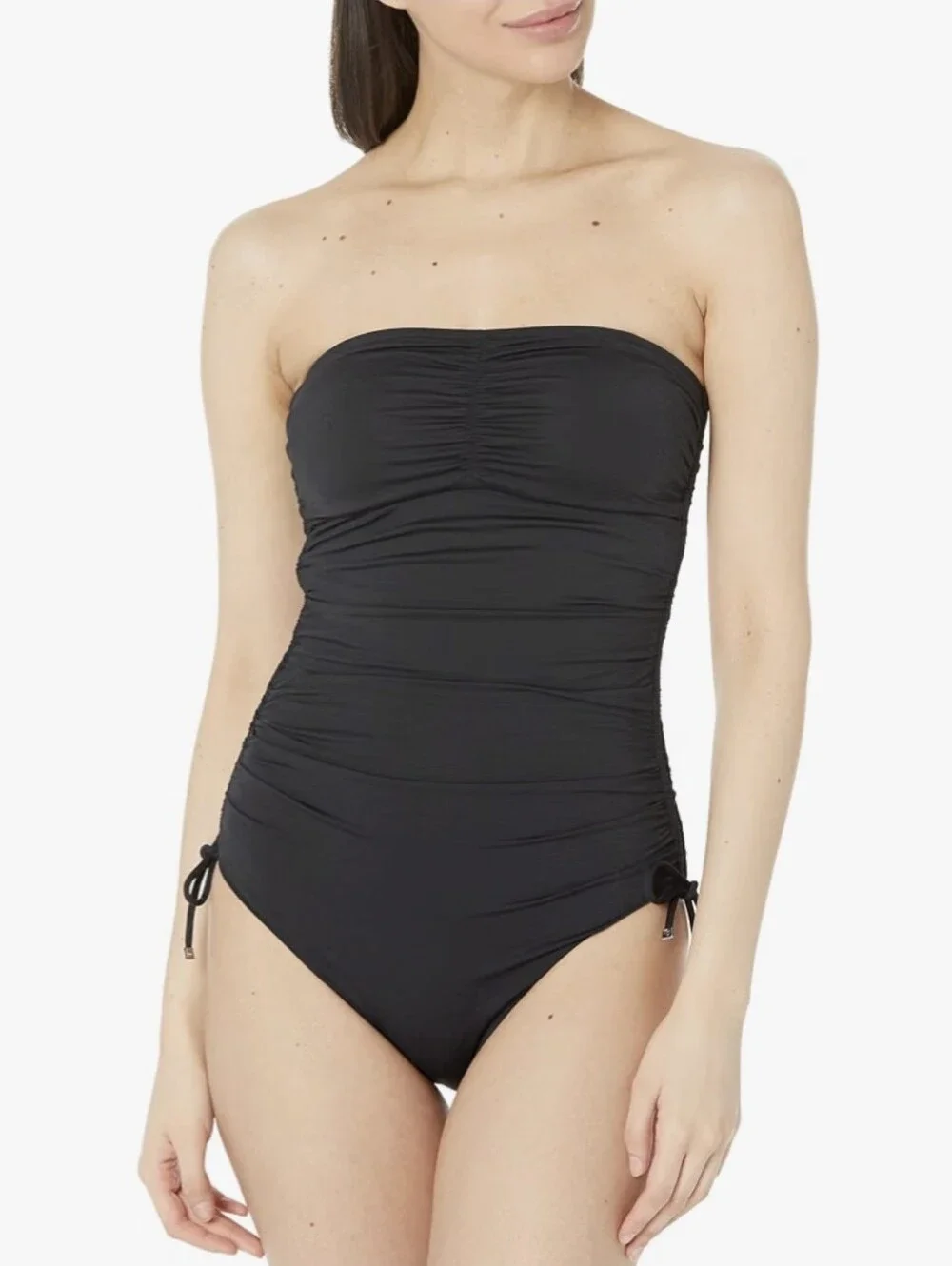 Michael Kors Black Shirred Bandeau One-Piece Swimsuit with Removable Halter